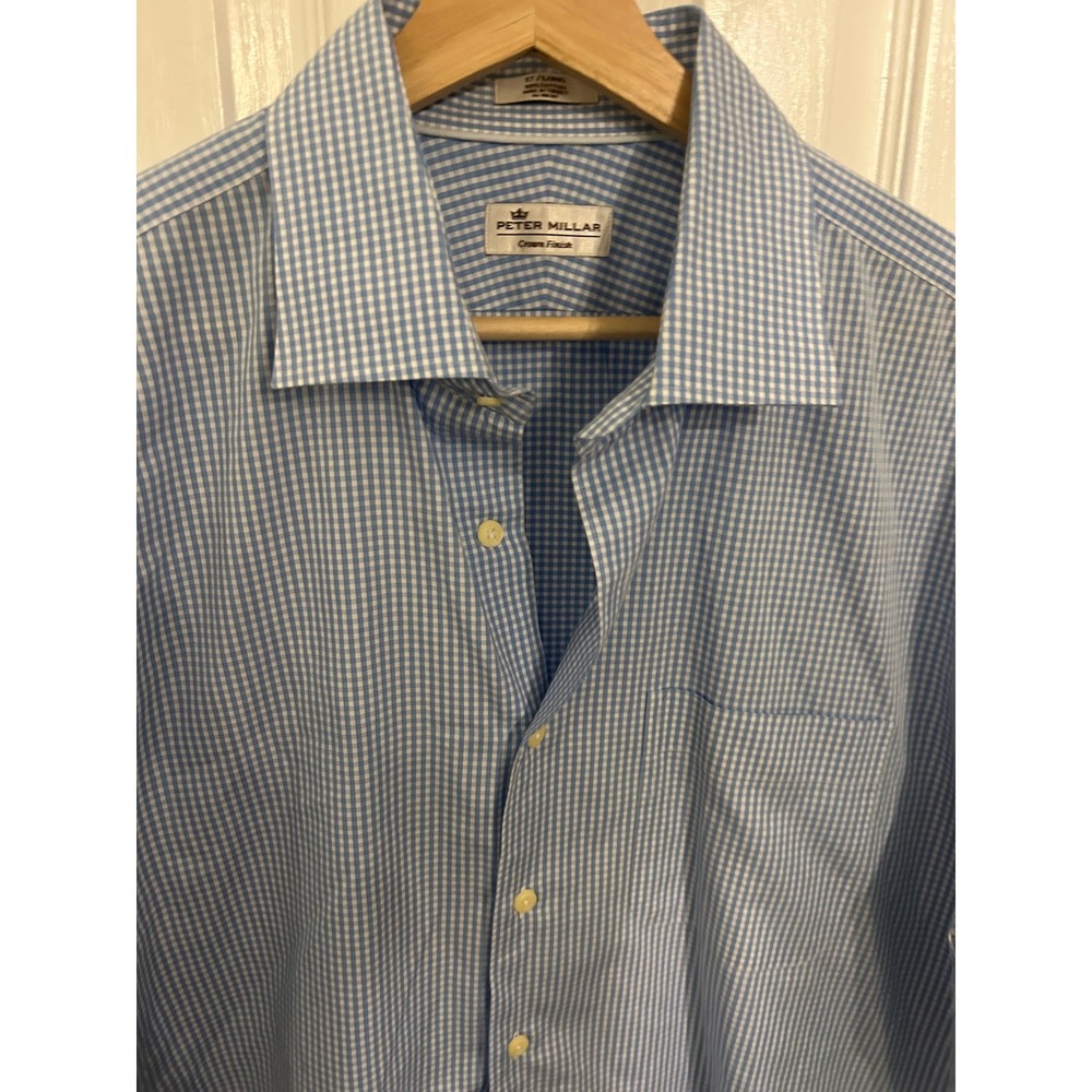 Peter Millar Crown Finish Blue Gingham Dress Shirt Mens 17 Long Cotton Button Up